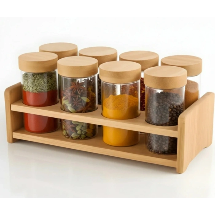 8 li cam baharatlık seti - bambu kapaklı