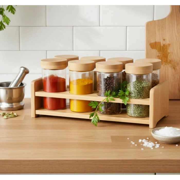 8 li cam baharatlık seti - bambu kapaklı