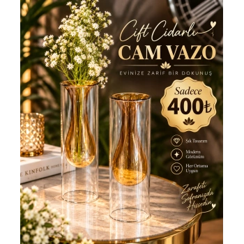 1 adet 22 cm çift cidarlı cam vazo
