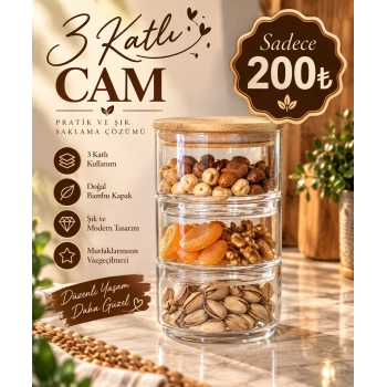 16 cm bambu kapaklı 3 katlı cam drajelik