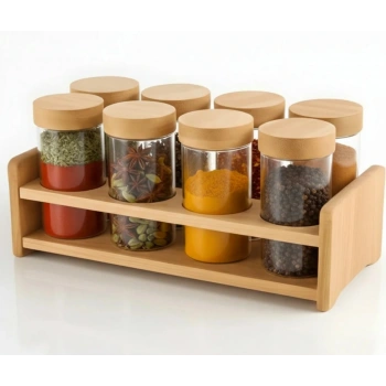 8 li cam baharatlık seti - bambu kapaklı