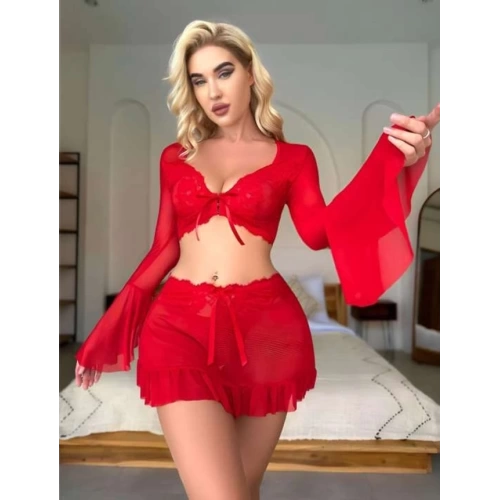 Kırmızı Fiyonk Detay Etekli Sütyen Takım