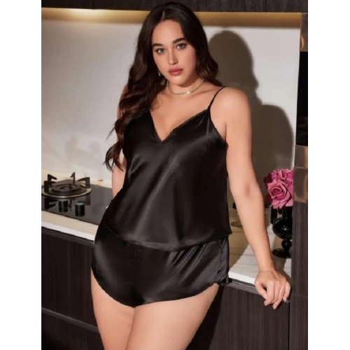 Siyah Büyük Beden Saten İnce Askılı Şortlu Pijama Takım