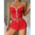 Kırmızı Kalp Desenli Örme Kadın Şortlu Pijama Takım