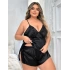 Siyah Büyük Beden Saten Dantelli Şortlu Pijama Takım