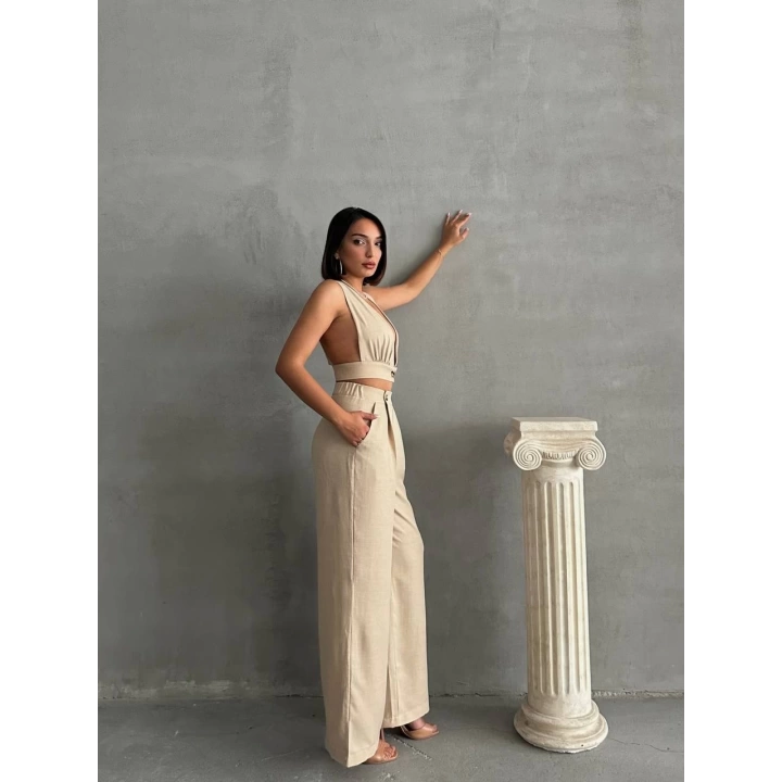 Bej Keten Kumaş Kadın Crop Pantolon Takım