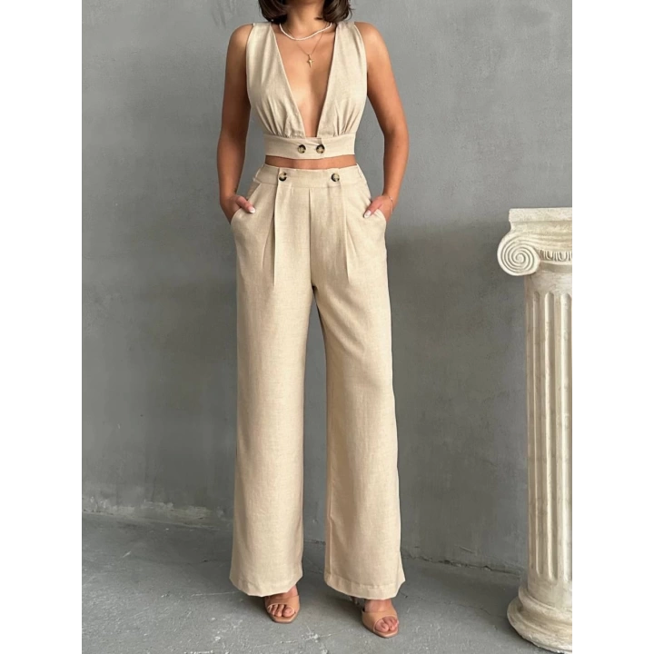 Bej Keten Kumaş Kadın Crop Pantolon Takım