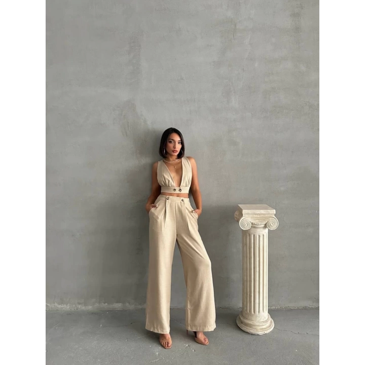 Bej Keten Kumaş Kadın Crop Pantolon Takım