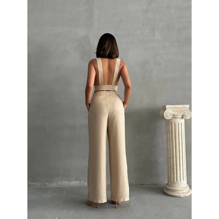 Bej Keten Kumaş Kadın Crop Pantolon Takım