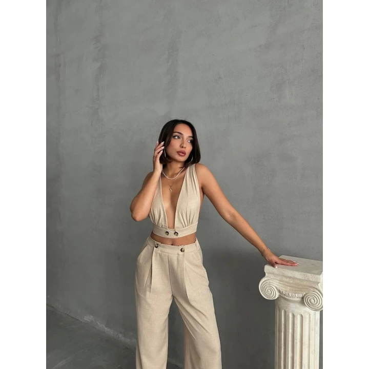 Bej Keten Kumaş Kadın Crop Pantolon Takım