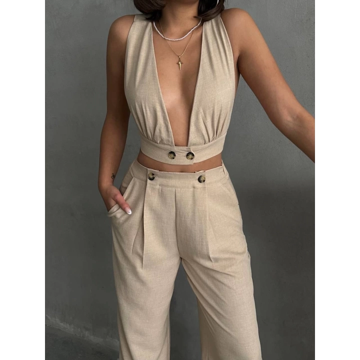Bej Keten Kumaş Kadın Crop Pantolon Takım