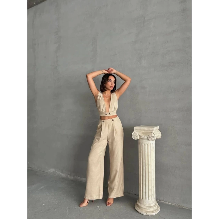 Bej Keten Kumaş Kadın Crop Pantolon Takım