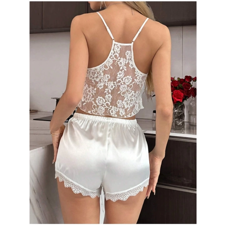 Beyaz Saten Kumaş Dantelli Şortlu Pijama Takım