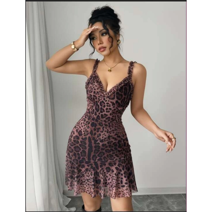 İnce Askılı Leopar Desenli Kadın Şık Gece Elbise