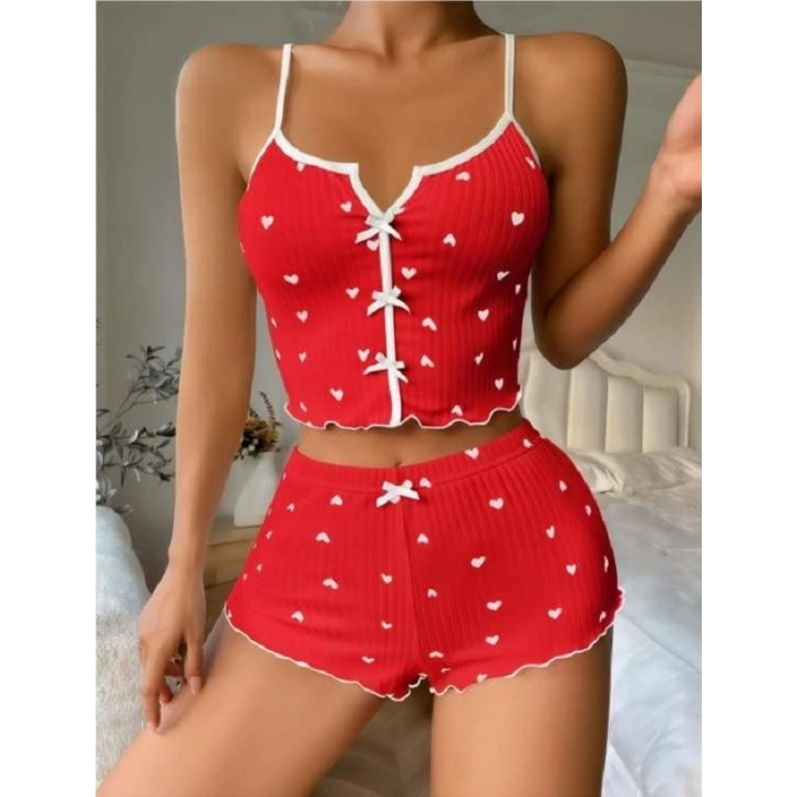 Kırmızı Kalp Desenli Örme Kadın Şortlu Pijama Takım