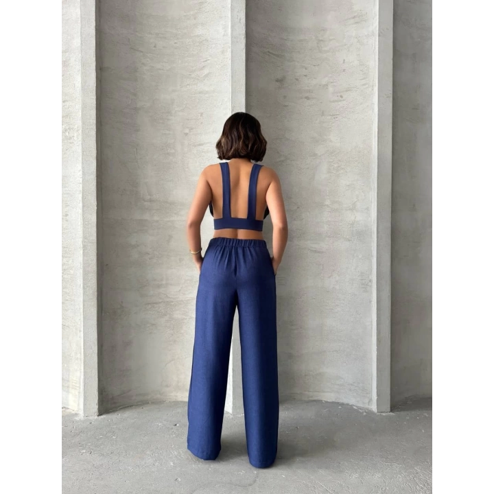 Lacivert Keten Kumaş Kadın Crop Pantolon Takım