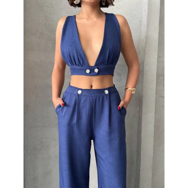 Lacivert Keten Kumaş Kadın Crop Pantolon Takım