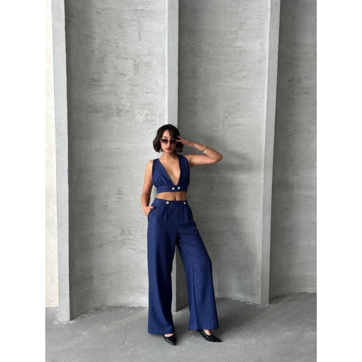 Lacivert Keten Kumaş Kadın Crop Pantolon Takım