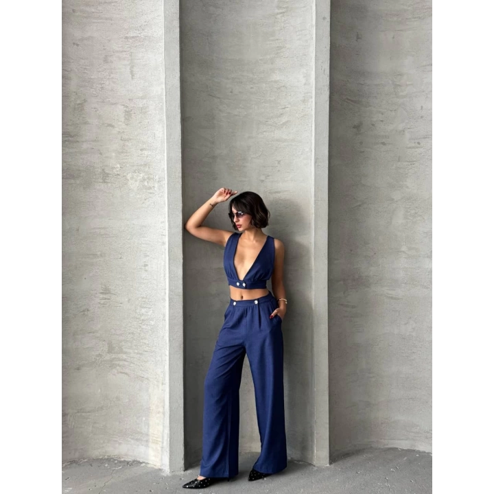 Lacivert Keten Kumaş Kadın Crop Pantolon Takım