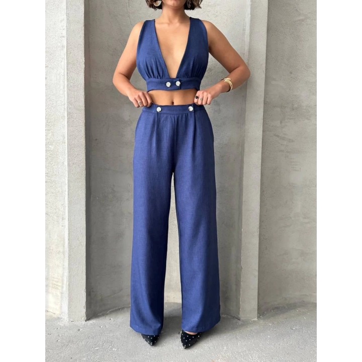 Lacivert Keten Kumaş Kadın Crop Pantolon Takım