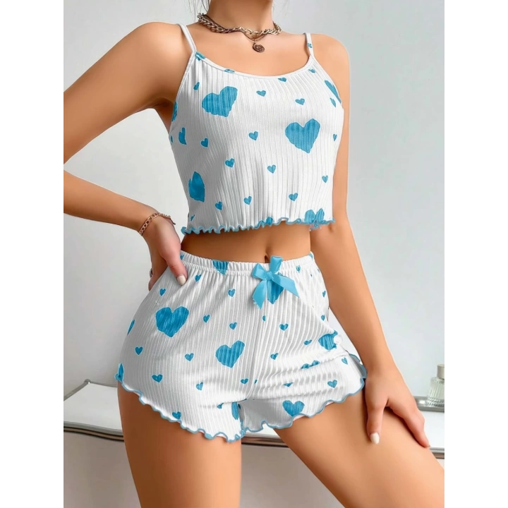 Mavi Kalp Desenli Şortlu Pijama Takım