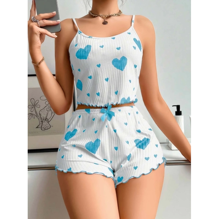 Mavi Kalp Desenli Şortlu Pijama Takım
