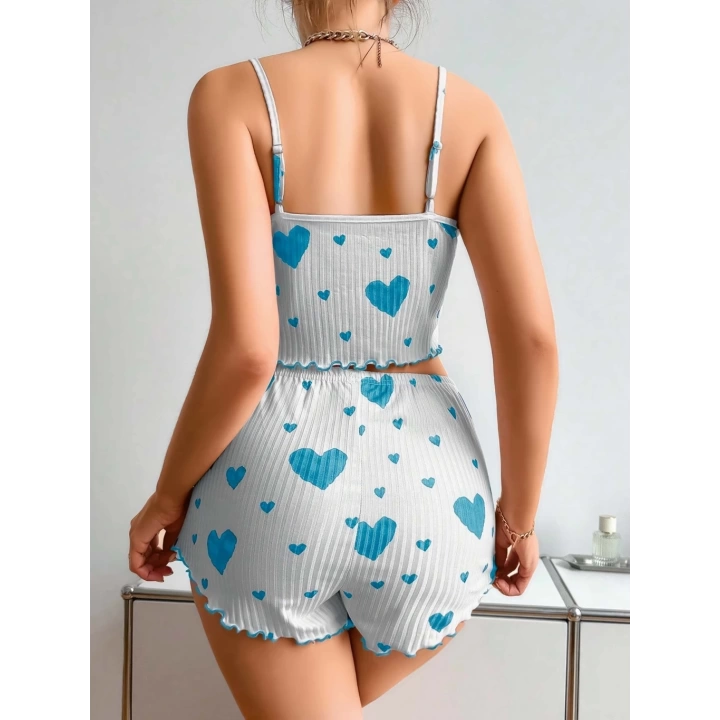 Mavi Kalp Desenli Şortlu Pijama Takım