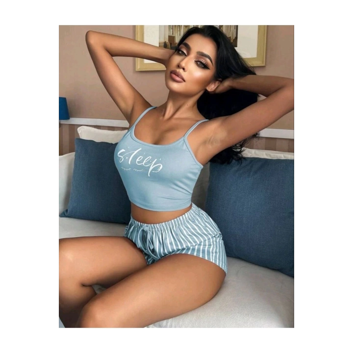 Mavi Renk Sleep Yazılı Şortlu Pijama Takım