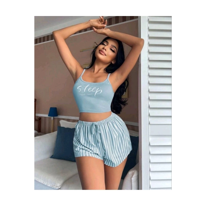 Mavi Renk Sleep Yazılı Şortlu Pijama Takım