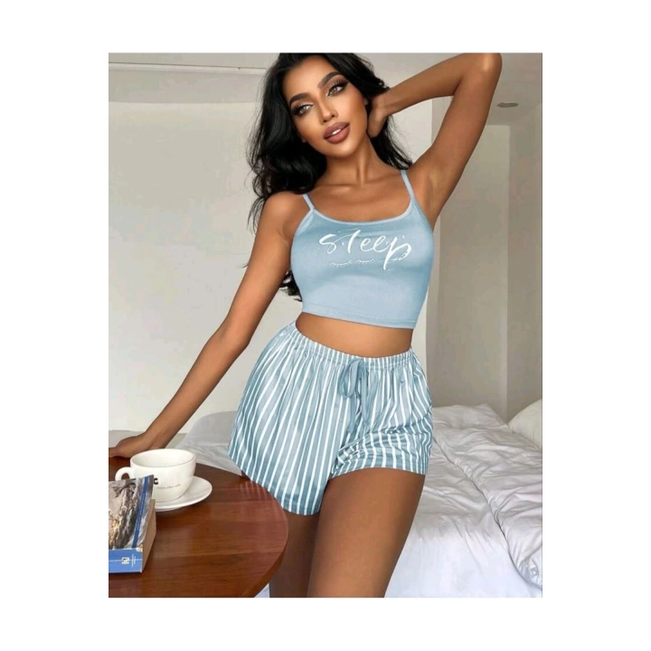 Mavi Renk Sleep Yazılı Şortlu Pijama Takım