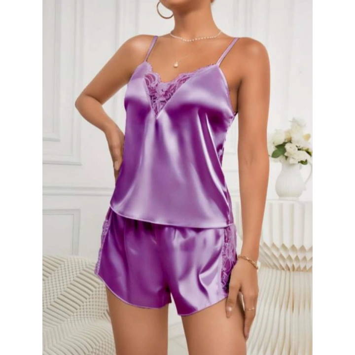 Mor Dantel Detaylı Saten Şortlu Pijama Takım
