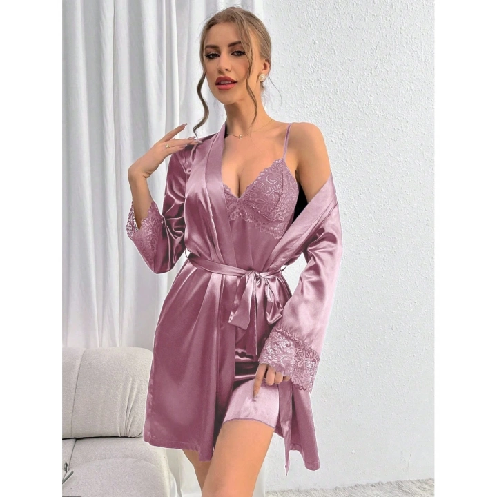 Mor Saten Kumaş Kuşaklı Sabahlık Gecelik Takım