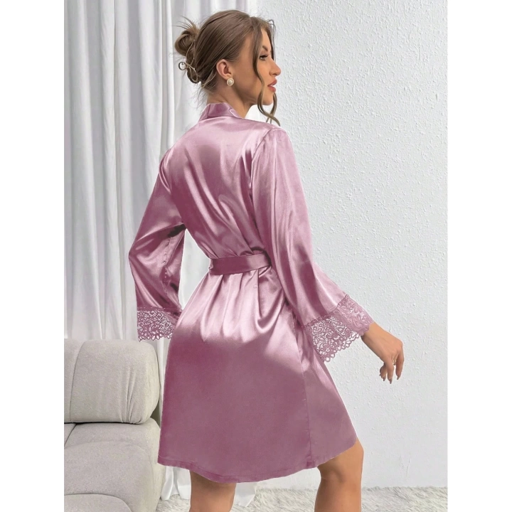 Mor Saten Kumaş Kuşaklı Sabahlık Gecelik Takım