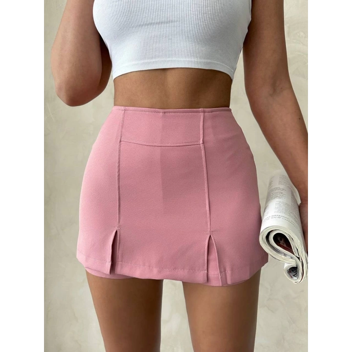 Pembe Çift Yırtmaçlı Yüksek Bel Kadın Şort Etek
