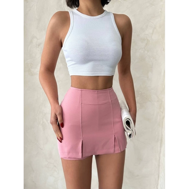 Pembe Çift Yırtmaçlı Yüksek Bel Kadın Şort Etek