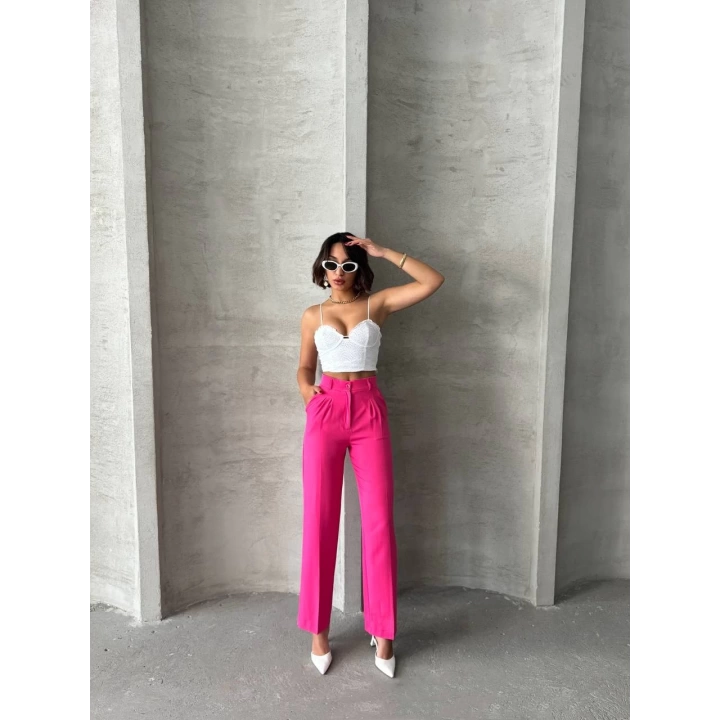 Pembe Renk Yüksek Bel Palazzo Kadın Pantolon