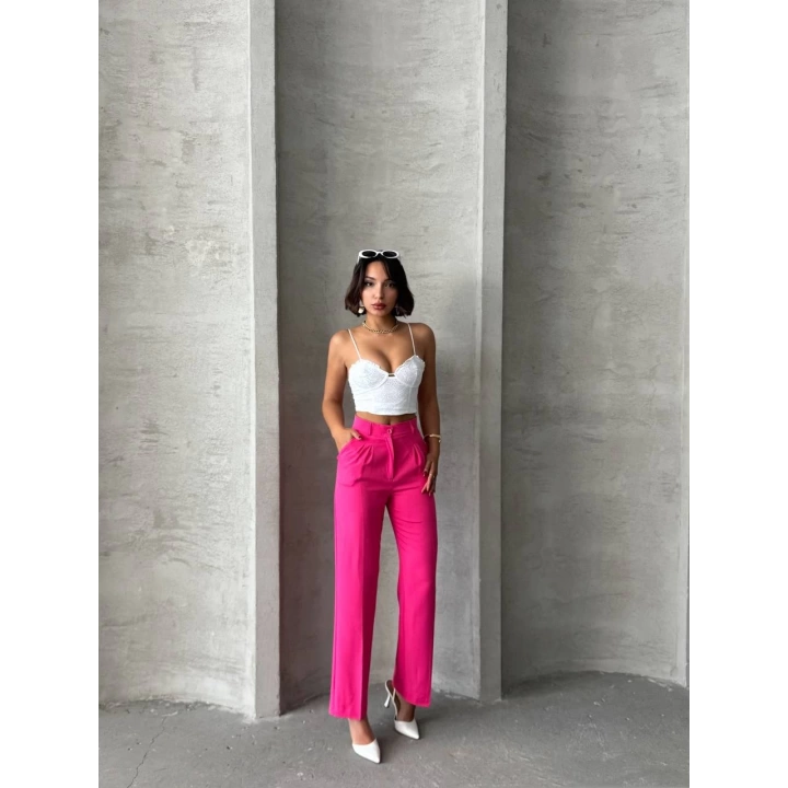 Pembe Renk Yüksek Bel Palazzo Kadın Pantolon