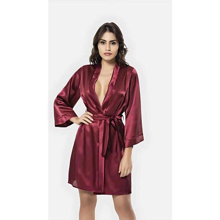 Saten Kumaş Bordo Kısa Sabahlık