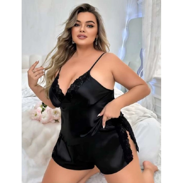 Siyah Büyük Beden Saten Dantelli Şortlu Pijama Takım
