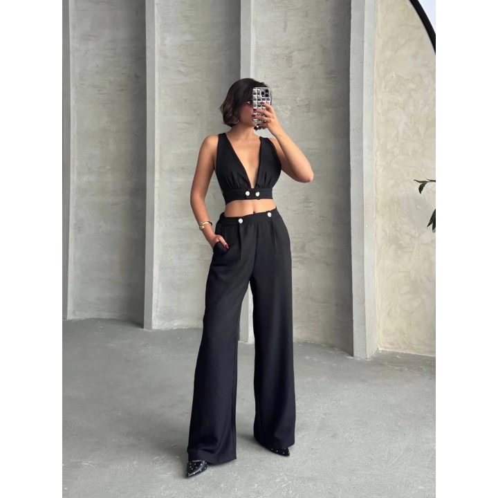 Siyah Keten Kumaş Kadın Crop Pantolon Takım