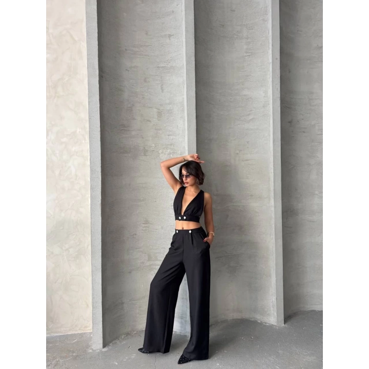 Siyah Keten Kumaş Kadın Crop Pantolon Takım