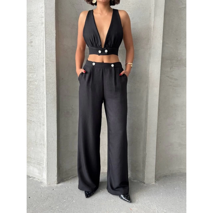 Siyah Keten Kumaş Kadın Crop Pantolon Takım