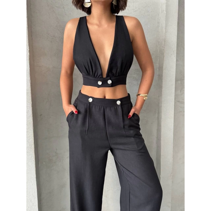 Siyah Keten Kumaş Kadın Crop Pantolon Takım