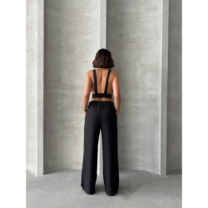 Siyah Keten Kumaş Kadın Crop Pantolon Takım