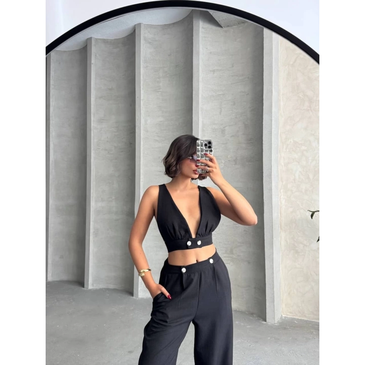 Siyah Keten Kumaş Kadın Crop Pantolon Takım