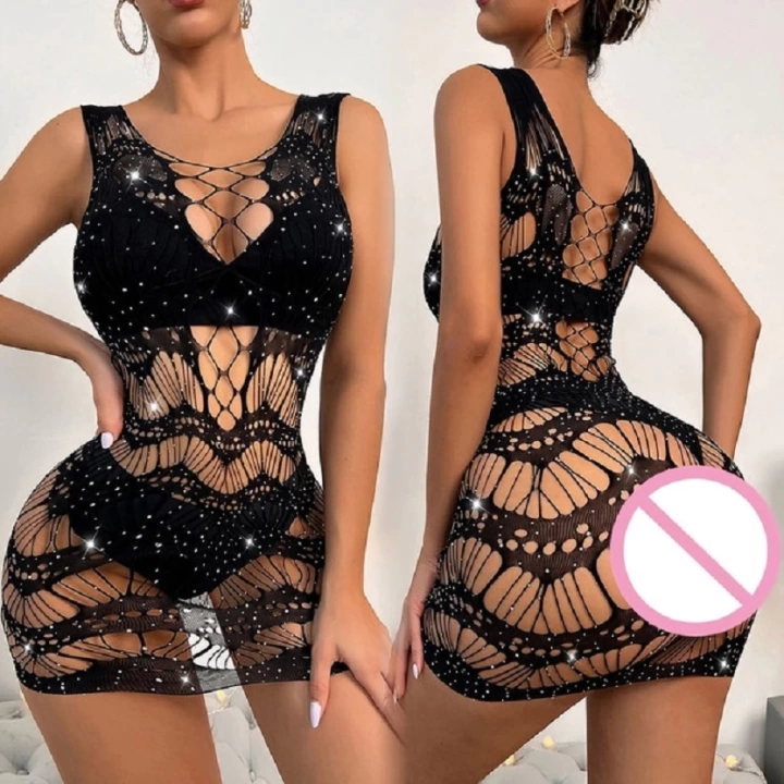 Siyah Renk Taş Detay Fantezi Vücut Çorabı