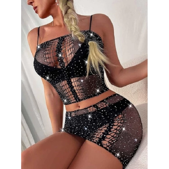 Siyah Renk Taşlı Fantezi Vücut Çorabı
