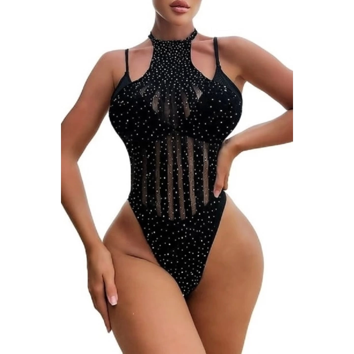 Siyah Taşlı Bodysuit Fantezi Vücut Çorabı