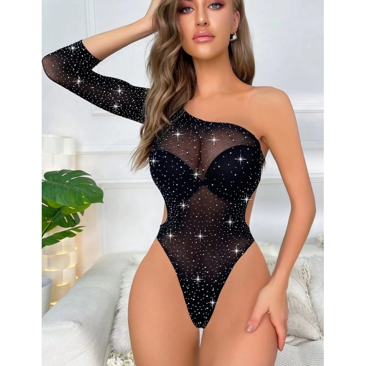 Siyah Tek Omuz Taşlı Body Vücut Çorabı