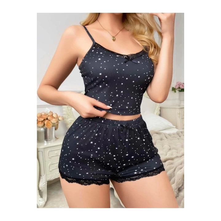 Siyah Yıldız Desenli Kadın Şortlu Pijama Takım